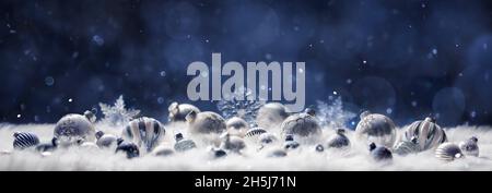 Christmas Balls In Night On White - Silver Ornament In Abstract Defocused Background Stock Photo