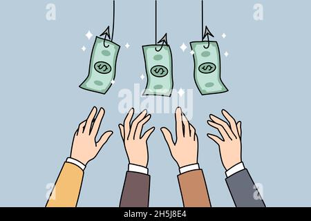 People compete for money banknotes strive for wealth. Employees workers stretch hands for dollar bills get on hook of risky business, need cash. Manipulation concept. Vector illustration.  Stock Vector