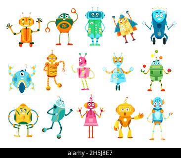Cartoon robots and droids characters, vector cyborgs with friendly faces. Artificial intelligence androids and humanoids with arms and wheels, smart a Stock Vector