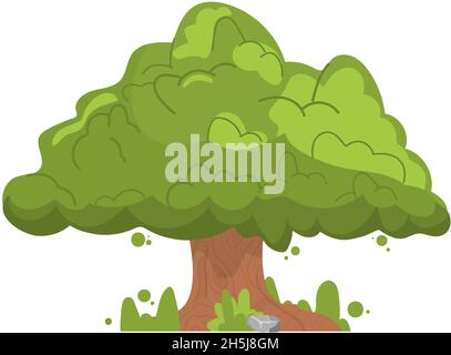 Big tree in cartoon style. Old green oak Stock Vector