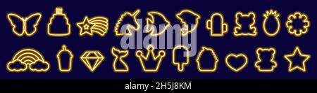 Big set of led fantasy birthday, food, animal neon frames in trendy color. Glow symbols and characters, unicorn, rainbow, butterfly, crown, star, cake Stock Vector