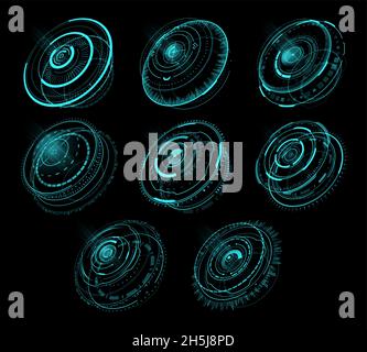 HUD futuristic circular panels with infographics visual data. Sci fi computer interface round panels, vector neon color web ui interface design elemen Stock Vector