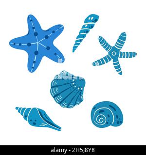 Set of sea shells and starfish on white background. Flat vector. EPS10 Stock Photo