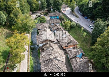 Aerial view of Etar Architectural and Ethnographic Complex near Gabrovo town in northern Bulgaria Stock Photo