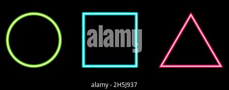 Neon geometric shapes: circle, square and triangle. Vector glowing sign isolated on dark background Stock Vector