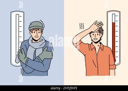 Man on cold and warm days, thermometer measurement near. Guy froze on winter and hot on summer season. Meteorology, weather forecast. Vector illustration, cartoon character.  Stock Vector