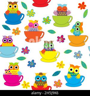 Cute cartoon owls into cups, seamless background Stock Vector