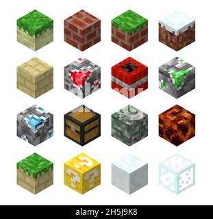 Pixel game blocks of grass, stone and lucky, granite, chest and brick, marble, magma and dynamite, quartz, glass. Game environment design elements, ve Stock Vector