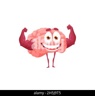 Brain power, human organ showing strong biceps isolated comic character. Vector memory training, intellect and intellectual activities of mind. Strong Stock Vector