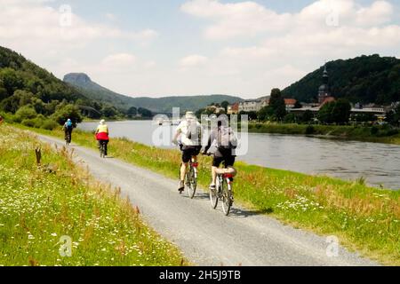 Saxon Switzerland people Elbe Valley People riding bicycles along Elbe River Germany biking on the romantic road Stock Photo