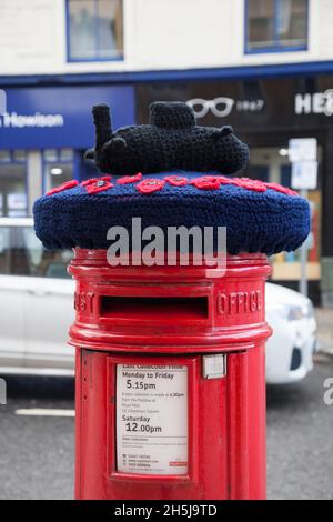 Crochet remembrance on a post box with a submarine, Helensburgh, Scotland Stock Photo
