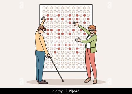 Blind people learn braille alphabet on board in school together. Disabled man and woman communicate read use symbols sign language. Equality and disability concept. Flat vector illustration.  Stock Vector