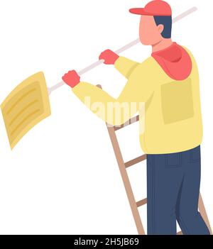 Cleaner with shovel on ladder semi flat color vector character Stock Vector