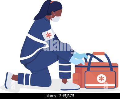 Female ambulance attendant semi flat color vector character Stock Vector