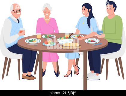 Family members having dinner together semi flat color vector characters Stock Vector