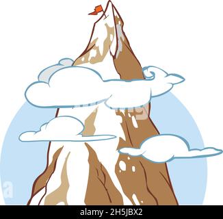 cartoon mountains and rocks with a red flag on peak, оn the background the sky with clouds, vector illustration Stock Vector