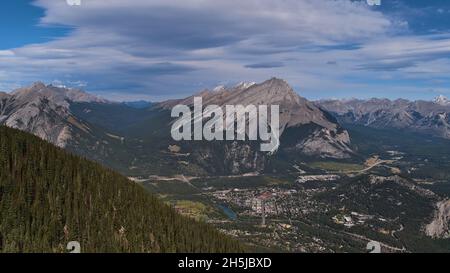 Panoramic view of Bow Valley with town Banff surrounded by Rocky Mountains including Mount Norquay and Cascade Mountain in Banff National Park, Canada. Stock Photo