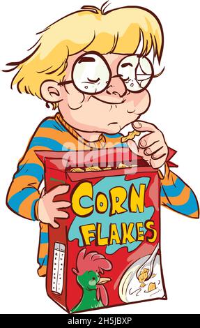 Vector illustration of cartoon boy eating corn flakes Stock Vector