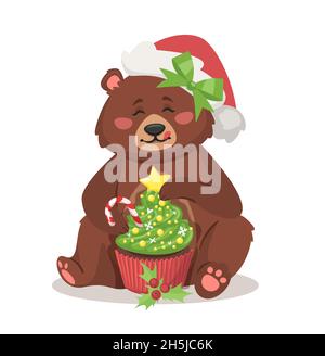 bear eating New Year or Christmas cupcake Stock Vector