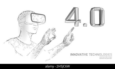 Low poly future industrial revolution concept. Industry 4.0 number assembled VR helmet glasses. Online augmented reality industry management. 3D Stock Vector