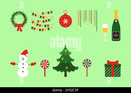 Christmas. Set of Christmas items with festive ornament. Vector illustration Stock Photo