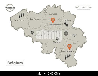 Belgium map, individual regions with names, Infographics and icons vector Stock Vector