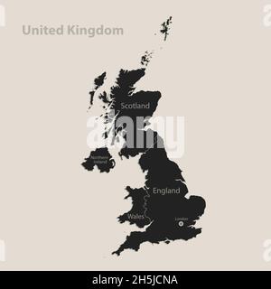 Black map of United Kingdom with names of regions, design blackboard vector Stock Vector