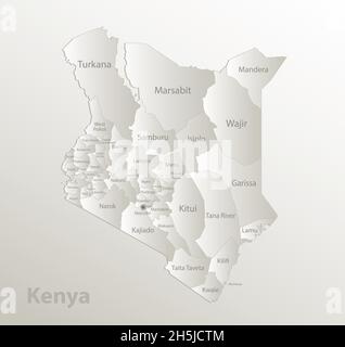 Kenya map, administrative division, separates regions and names individual, card paper 3D natural vector Stock Vector