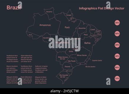 Infographics Brazil map outline, flat design, color blue orange vector Stock Vector