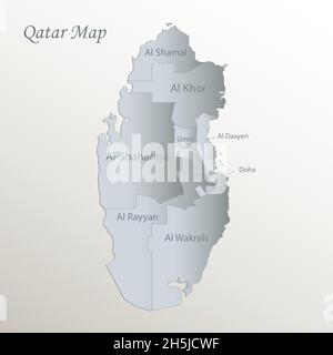 Qatar map, administrative division with names, white blue card paper 3D vector Stock Vector