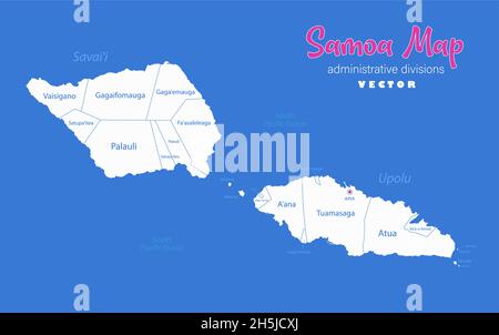 Samoa map, administrative divisions whit names regions, blue background vector Stock Vector