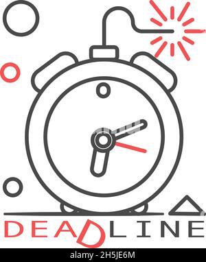 Live bomb in shape of alarm clock with text Deadline. Time management concept. Flat style illustration. Isolated on white background. Stock Vector