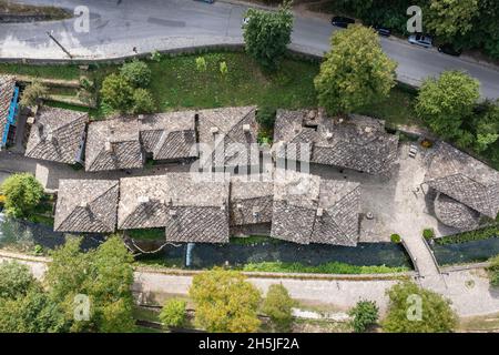 Aerial view of Etar Architectural and Ethnographic Complex near Gabrovo town in northern Bulgaria Stock Photo