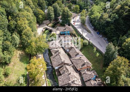 Aerial view of Etar Architectural and Ethnographic Complex near Gabrovo town in northern Bulgaria Stock Photo