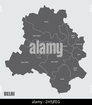 Delhi city administrative map with labels, India Stock Vector