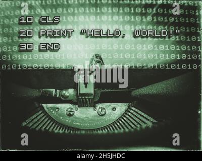 My first program displayed on a typewriter in an 8-Bit font Stock Photo