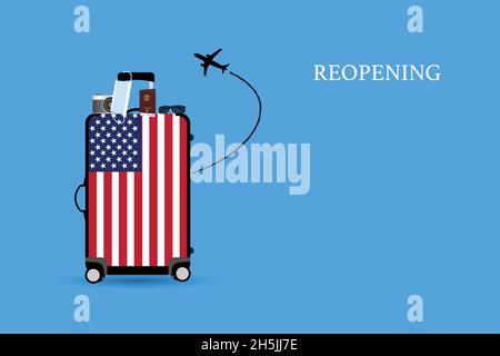 Concepts of airplane travel in United States of America after covid-19 pandemic. Illustration of USA flag on luggage, camera, face mask, vaccine passp Stock Vector