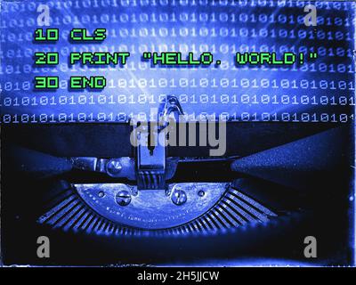 My first computer program displayed on a typewriter in an 8-Bit font Stock Photo