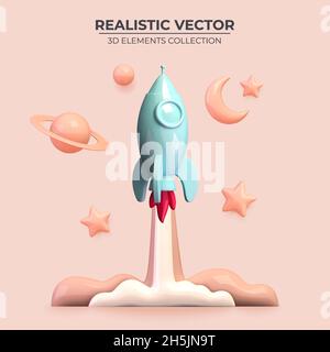 Rocket ship in space around the planets. Realistic rocket 3d icon. Vector illustration with flying shuttle. Space travel. Space rocket launch. Launch new project start up concept. Vector illustration Stock Vector