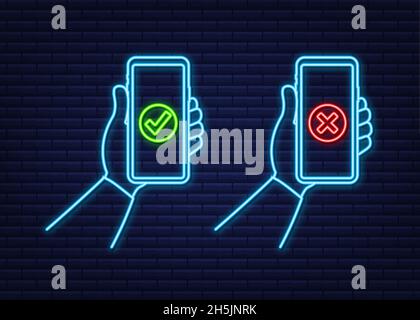 Hands holding smartphones with checkmarks set. Tick and cross check marks. Vector stock illustration Stock Vector