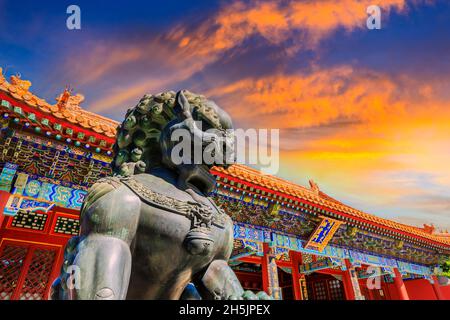 Bronze Lion Statue in Summer Palace,Beijing.the ancient imperial gardens. Stock Photo