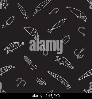 Fishing Lures doodle seamless pattern. Digital Illustration Background Stock Vector