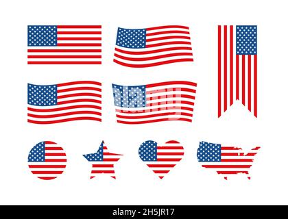 Flag USA set isolated vector icon in flat style. United states of America national flag symbols set. American product emblem, illustration. Stock Photo