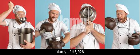 Collage of portraits of young Caucasian red-bearded man, chef or cook having fun. Funny meme emotions concept Stock Photo