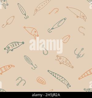 Fishing Lures doodle seamless pattern. Digital Illustration Background Stock Vector