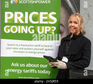 'Energy Crisis Prices Going Up' in Preston city centre, the Scottish Power marketing team led by Casey Pickup, is promoting fixed energy packages. Switching to a fixed dual fuel energy fixed tariff will lock in rates and protect from future energy price spikes. From October 1, 2021, up to 15 million customers could face a bill rise. Because price limitations for out-of-contract energy packages increased, annual bills increased by £139 on average – higher for a prepayment metre or if you use a lot of energy. Stock Photo