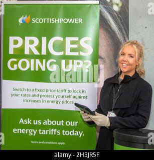 'Energy Crisis Prices Going Up' in Preston city centre, the Scottish Power marketing team led by Casey Pickup, is promoting fixed energy packages. Switching to a fixed dual fuel energy fixed tariff will lock in rates and protect from future energy price spikes. From October 1, 2021, up to 15 million customers could face a bill rise. Because price limitations for out-of-contract energy packages increased, annual bills increased by £139 on average – higher for a prepayment metre or if you use a lot of energy. Stock Photo