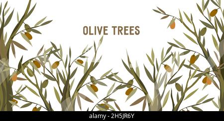 Background with olive trees flat vector illustration. Decorative background or banner for olive and oil production. Stock Vector