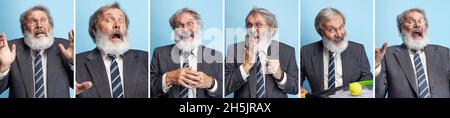 Set of photos of crazy professor, teacher, gray-headed bearded man isolated on blue studio background. Funny meme emotions Stock Photo