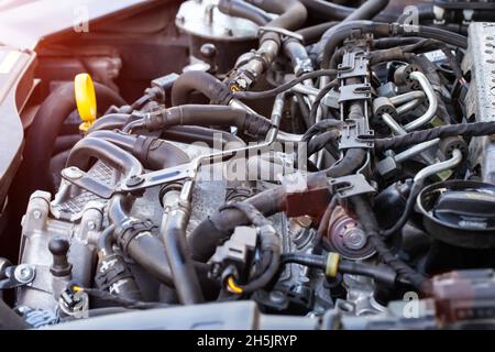 Modern diesel engine with common rail fuel injection system, background, engineering Stock Photo